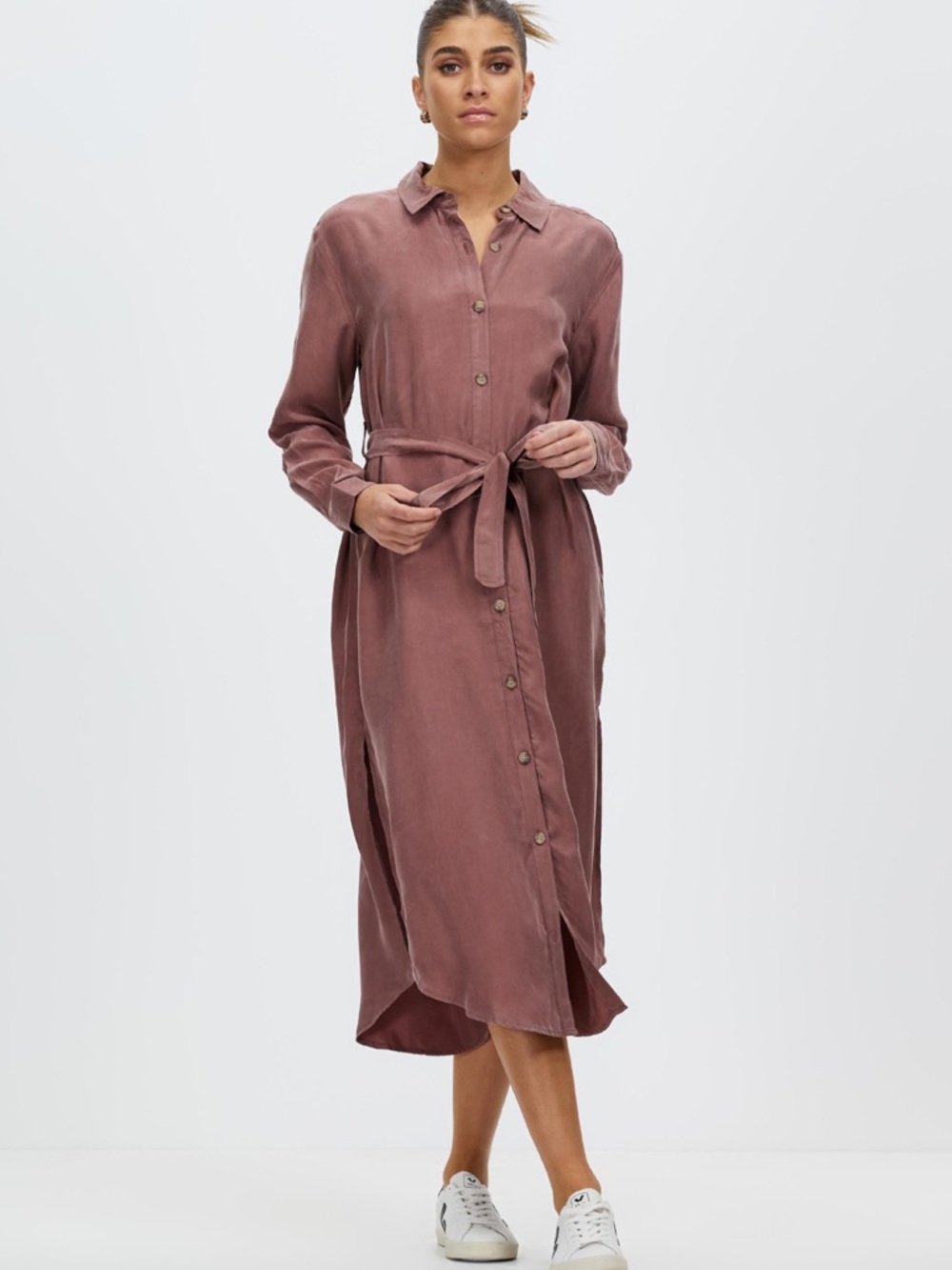 Staple The Label Vertigo Cupro Midi Button Up Belted Shirt Dress Brown